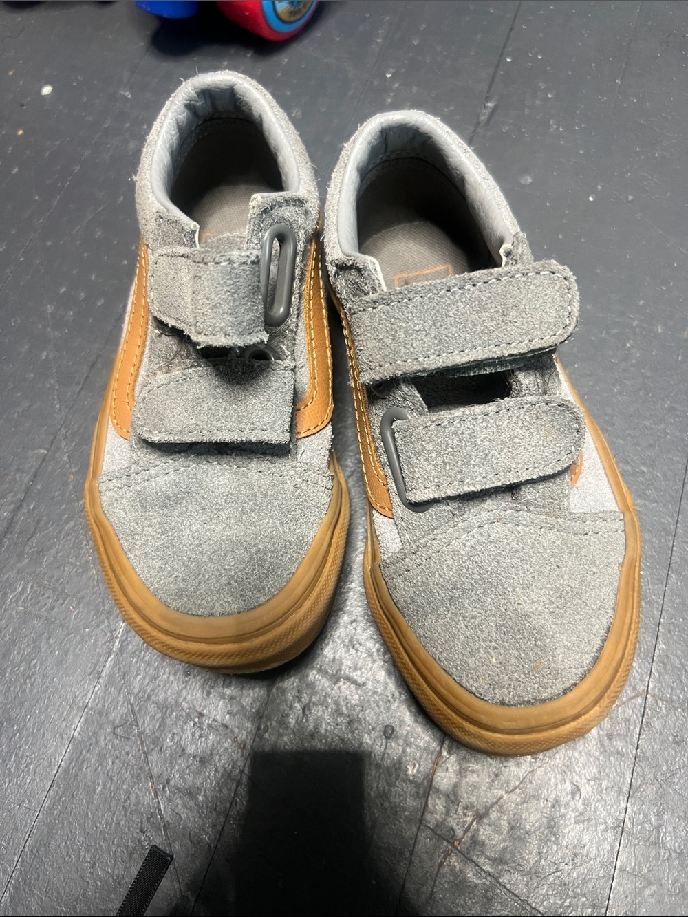 Vans Kids Grey Suede Velcro Sneakers with Brown Trim